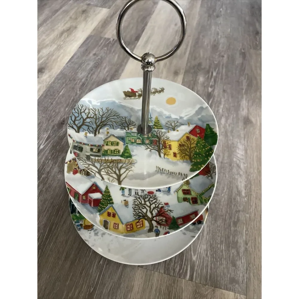 Pottery Barn Christmas Winter Village 3 Tier Tidbit Server Tray Cake Stand